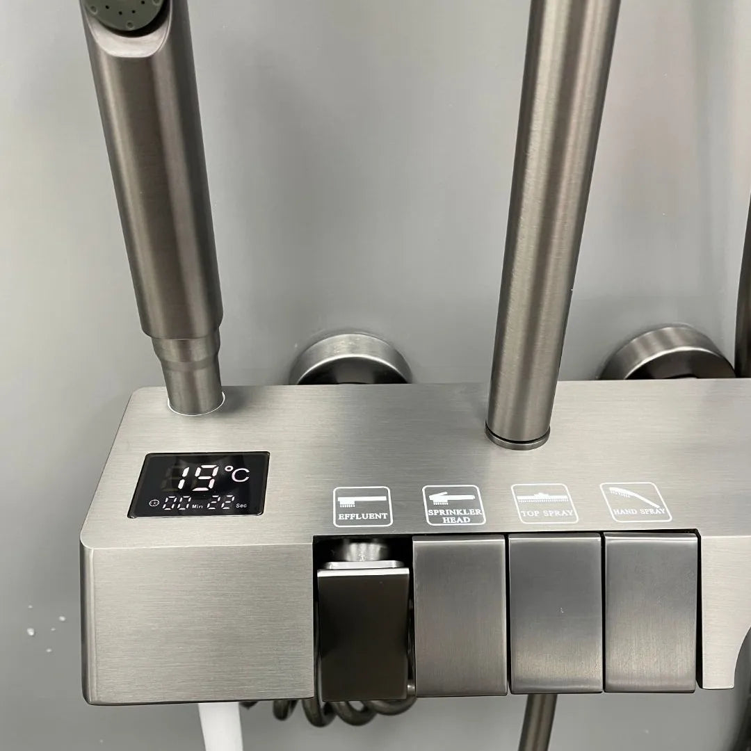 High Quality Brass Four-Function Thermostatic Luxury Shower Set Piano Key Button Waterfall Bath Time Display Brushed Surface
