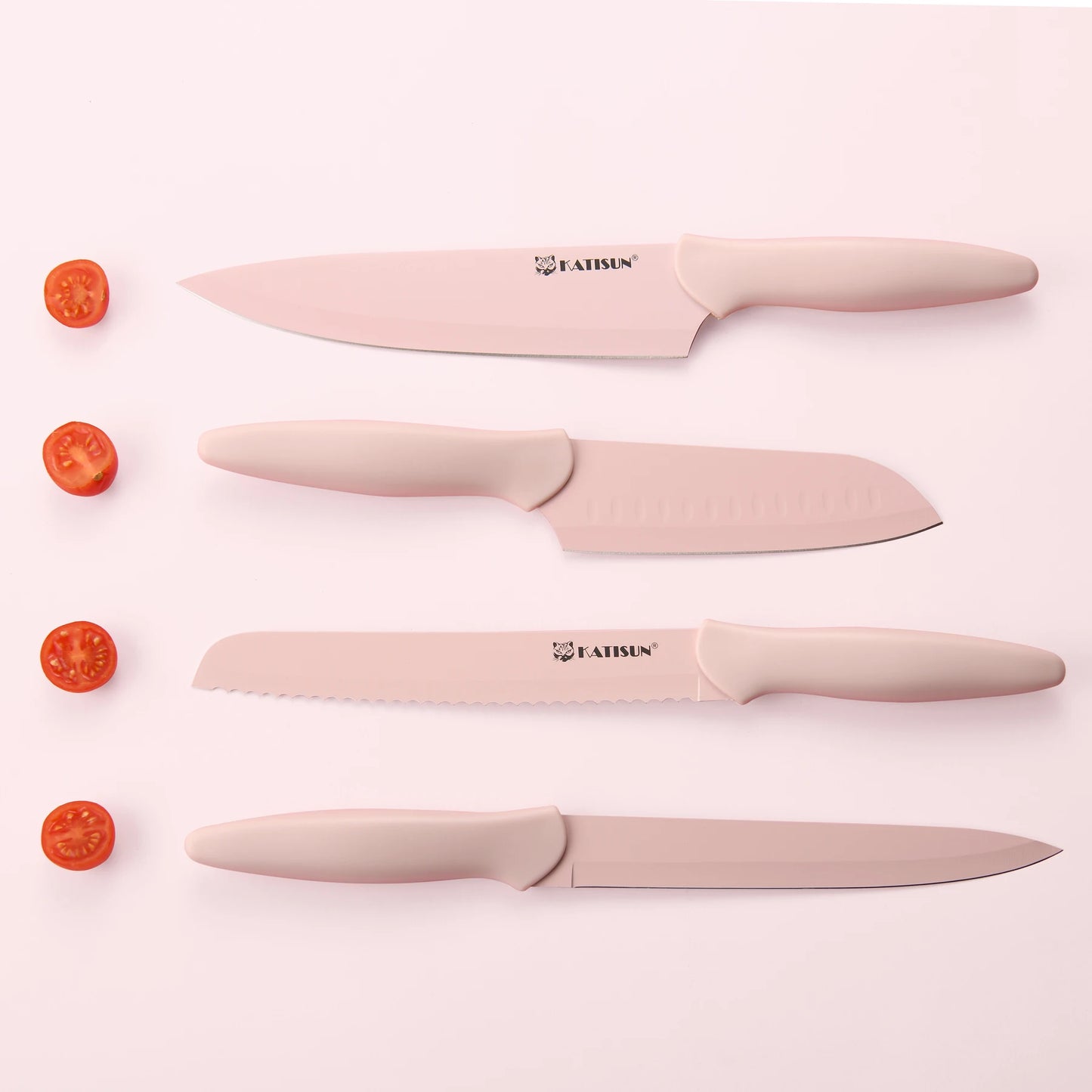 14 Pieces Pink Coding High Carbon Steel Blade, No Rust, and Super Sharp Knife Set with Wooden Stand and Kitchen Scissors