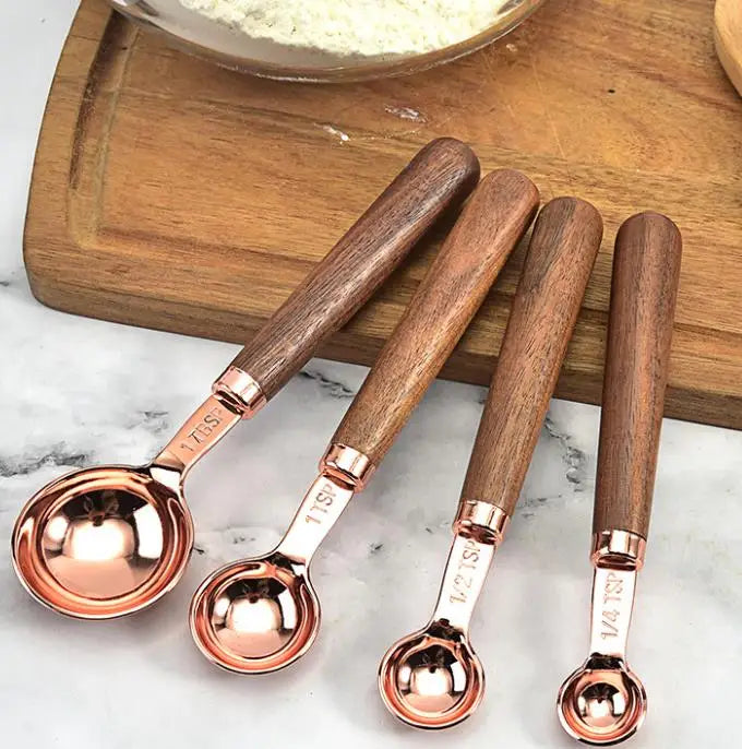 Fast Ship Rose Gold Stainless Steel Walnut Wood Handle Measuring Cups and Spoons Set for Dry and Liquid