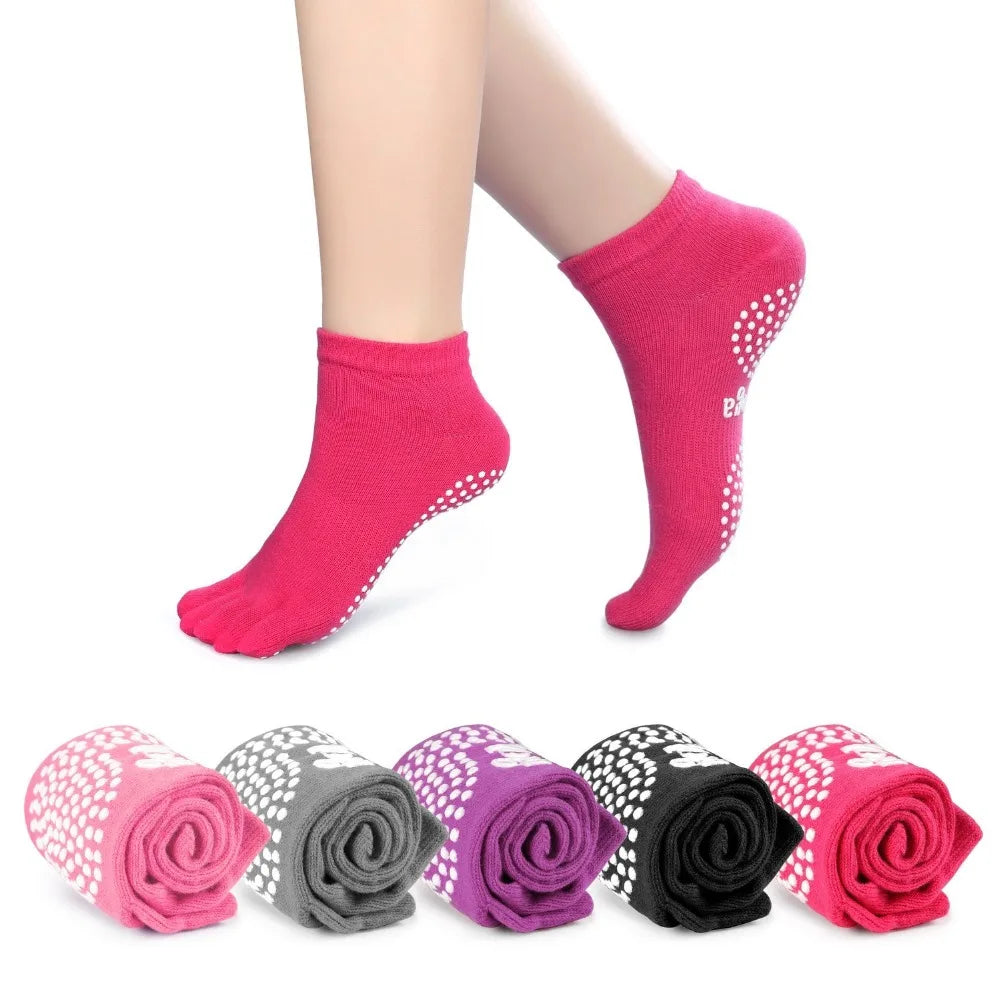 Women's Five-Toe Yoga Pilates Socks with Non-Slip Grips Crew Length Body Logo Separator