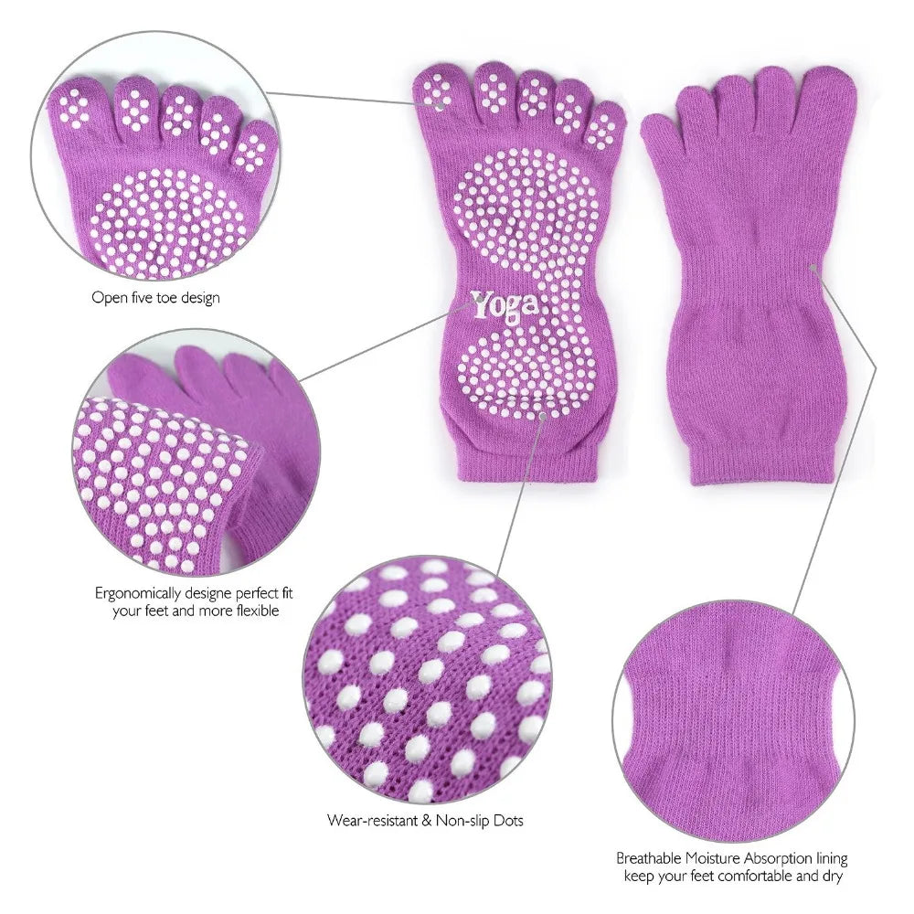 Women's Five-Toe Yoga Pilates Socks with Non-Slip Grips Crew Length Body Logo Separator