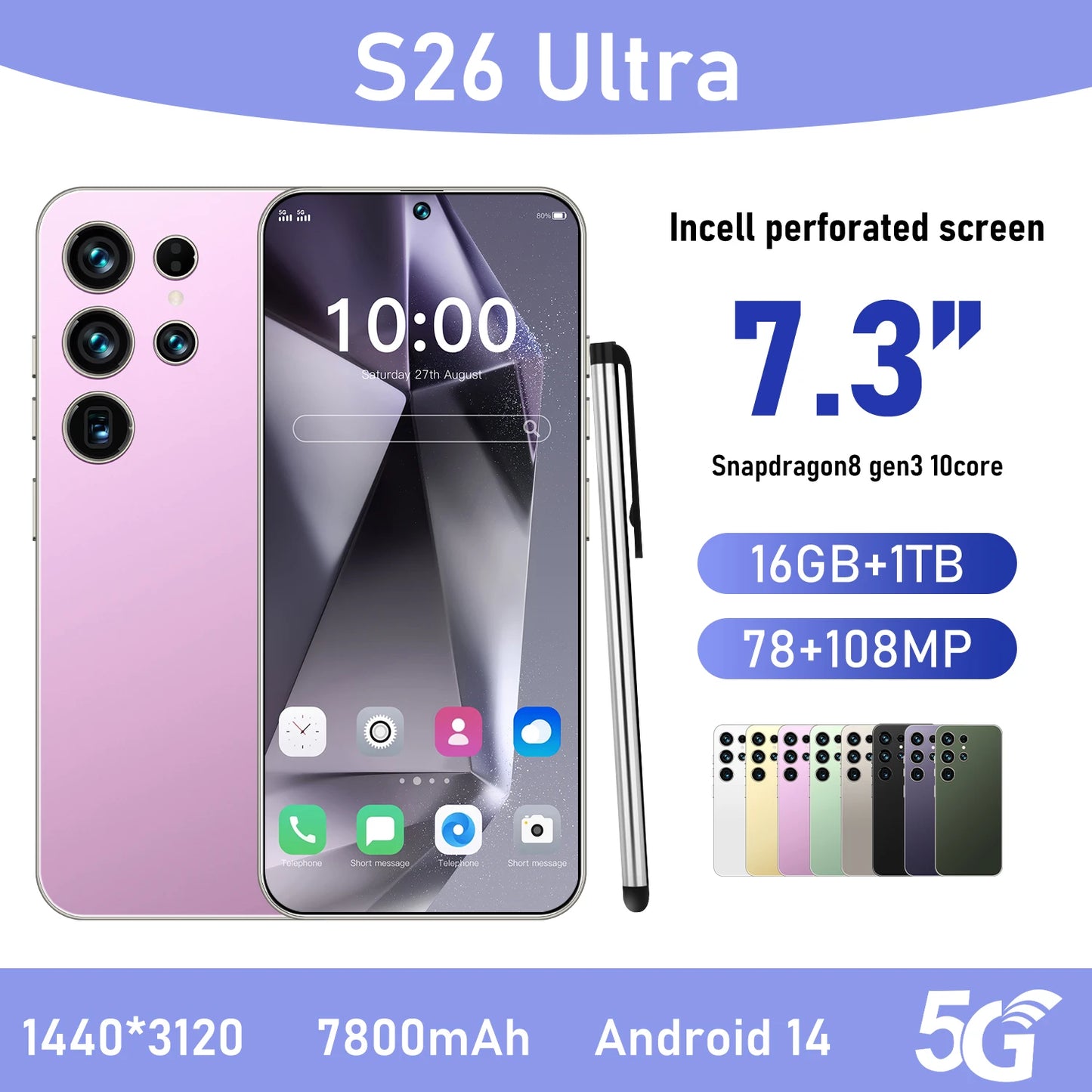 Hot S26 Ultra 5G Smartphone - Snapdragon8gen3 16GB+1TB 7800mAh Face + Fingerprint