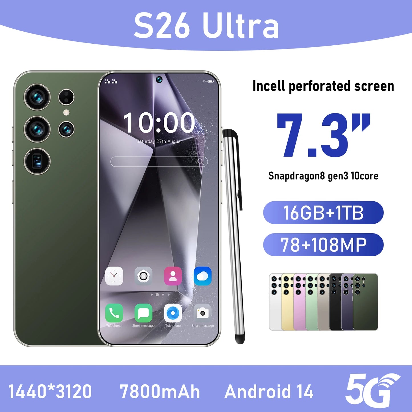 Hot S26 Ultra 5G Smartphone - Snapdragon8gen3 16GB+1TB 7800mAh Face + Fingerprint