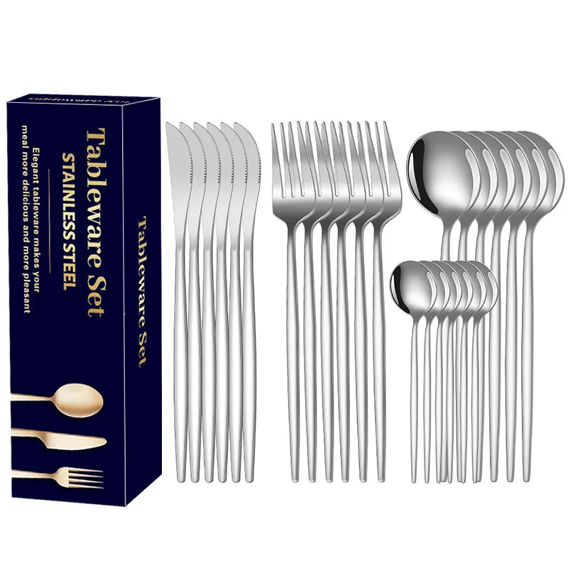 24Pcs Dining Room Stainless Steel Steak Knife,Fork and Spoon Tableware Set