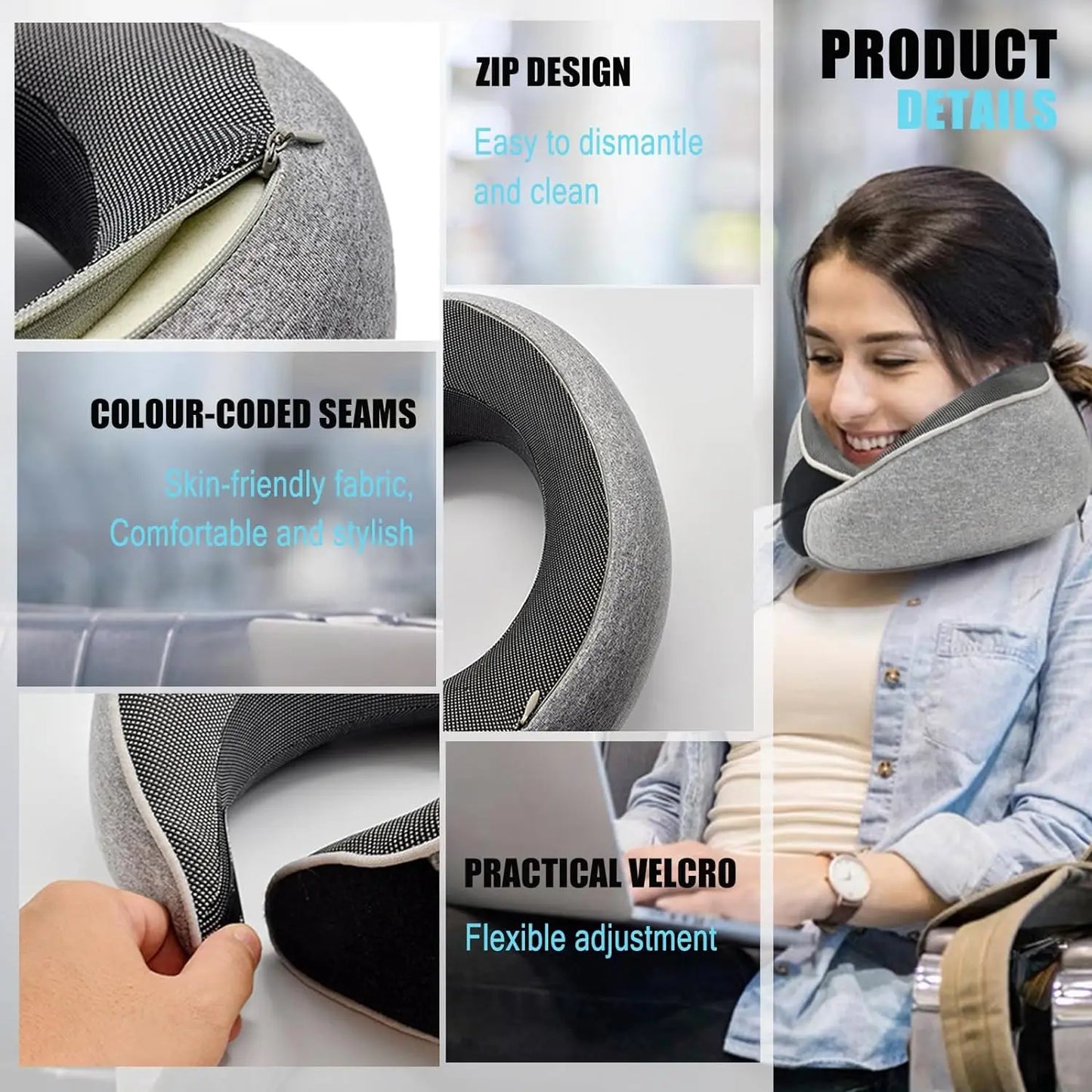 Travel Neck Pillow Memory Foam Neck Support, Patented Design for Airplanes Camping and Travel Washable Neck Support Pillow