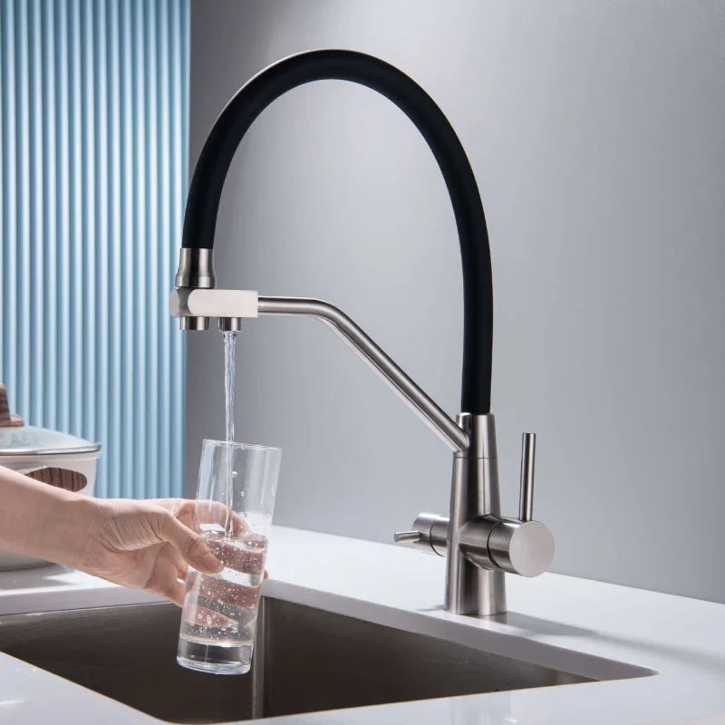 Contemporary Single-Handle Kitchen Faucet with 2-Way Water Filter Brushed Stainless Steel Finish for Hotels and Hospitals