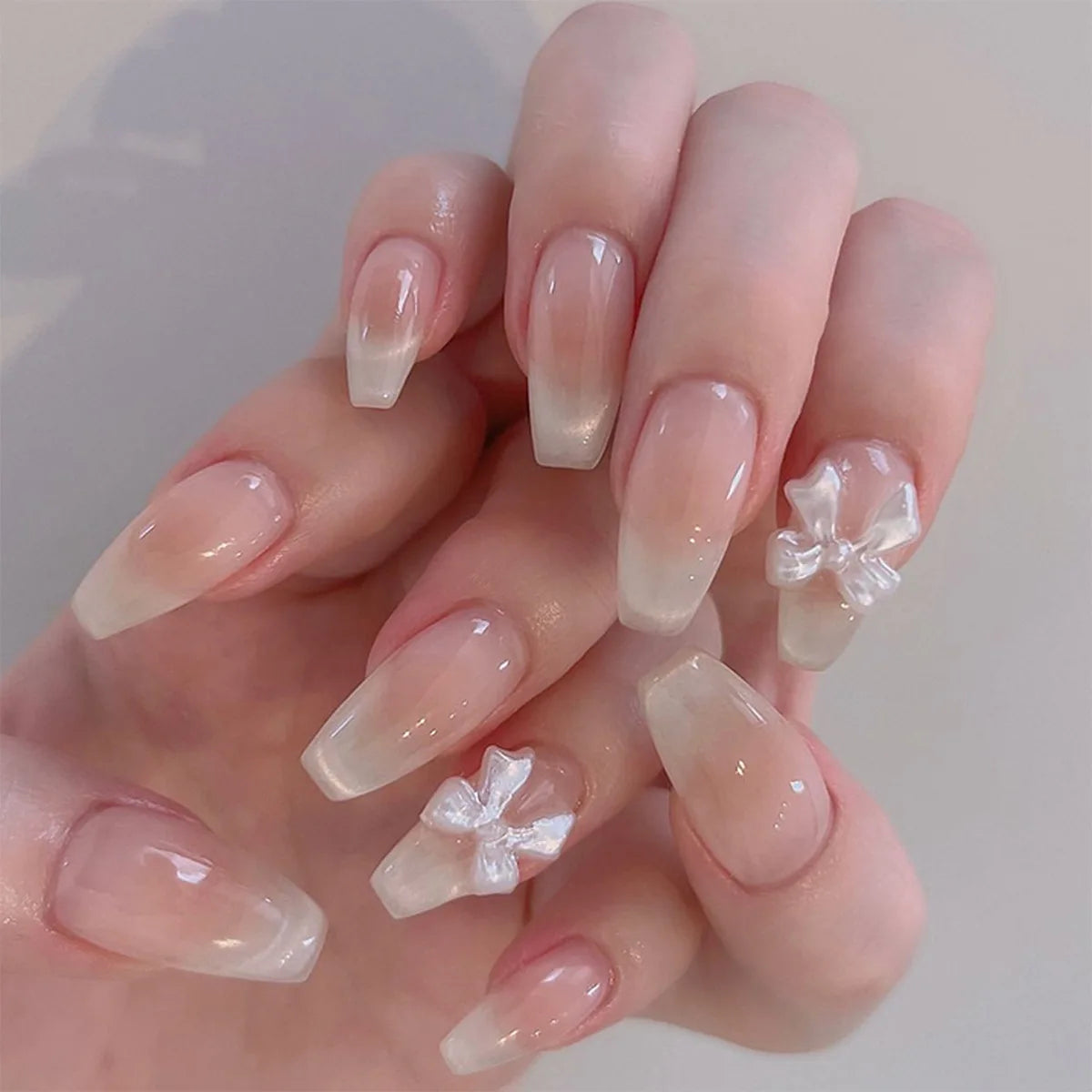 Cheap Price Beauty Product Sweet Blush French Cat-Eye Bow Ballet Shoes Almond Nails Self-Adhensive for Press on Nails