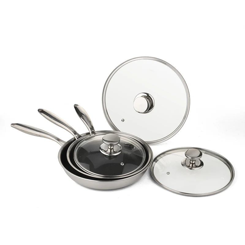 For  Hybrid 3-Pc Stainless Steel Cookware Set 3-Ply Honeycomb Non-Stick Kitchenware with Lids for Home Cooking