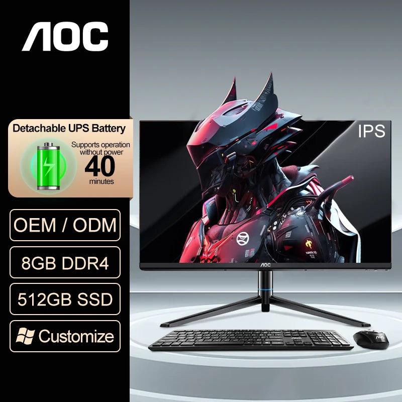 AOC Desktop PC All in One 24inch i3 12100 8+512GB All in One PC OEM/ODM Professional Gaming Computer All-in-one with UPS Battery