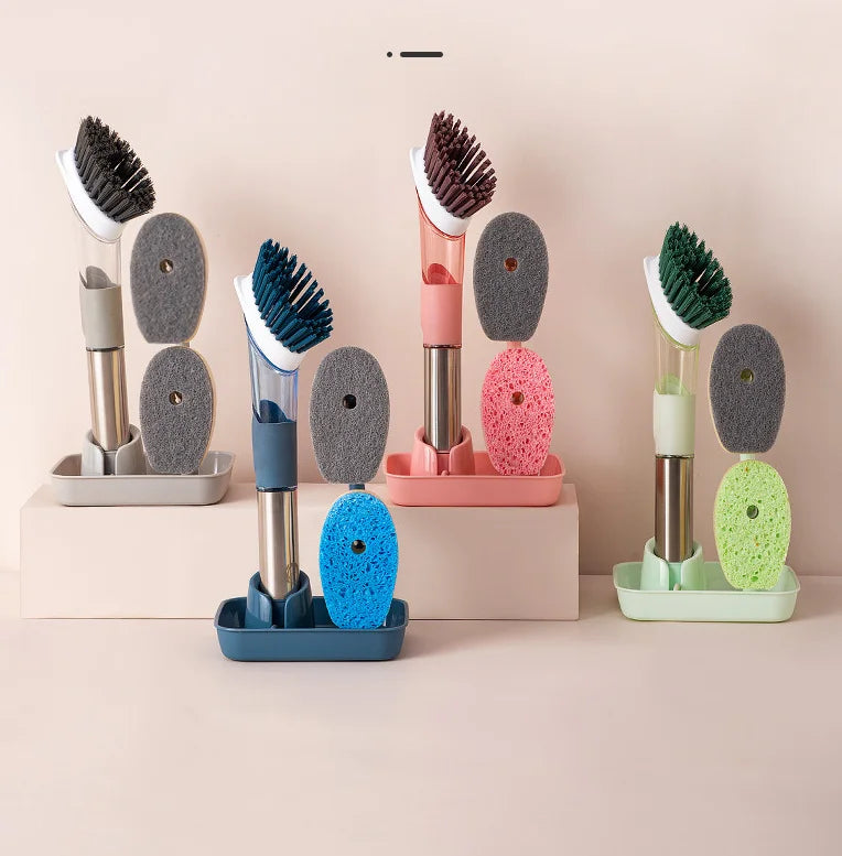 Multifunctional Kitchen Sponge Brush Add Liquid Pan Brush Kitchen 3 in 1 Cleaning Dish Washing Brush With Handle