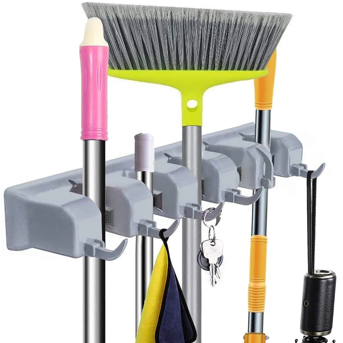 5 Position Wall Mounted Tool Organizer 6 Hooks Broom Mop Holder Tidy Organizer for Kitchen Living Room Garage & Bathroom