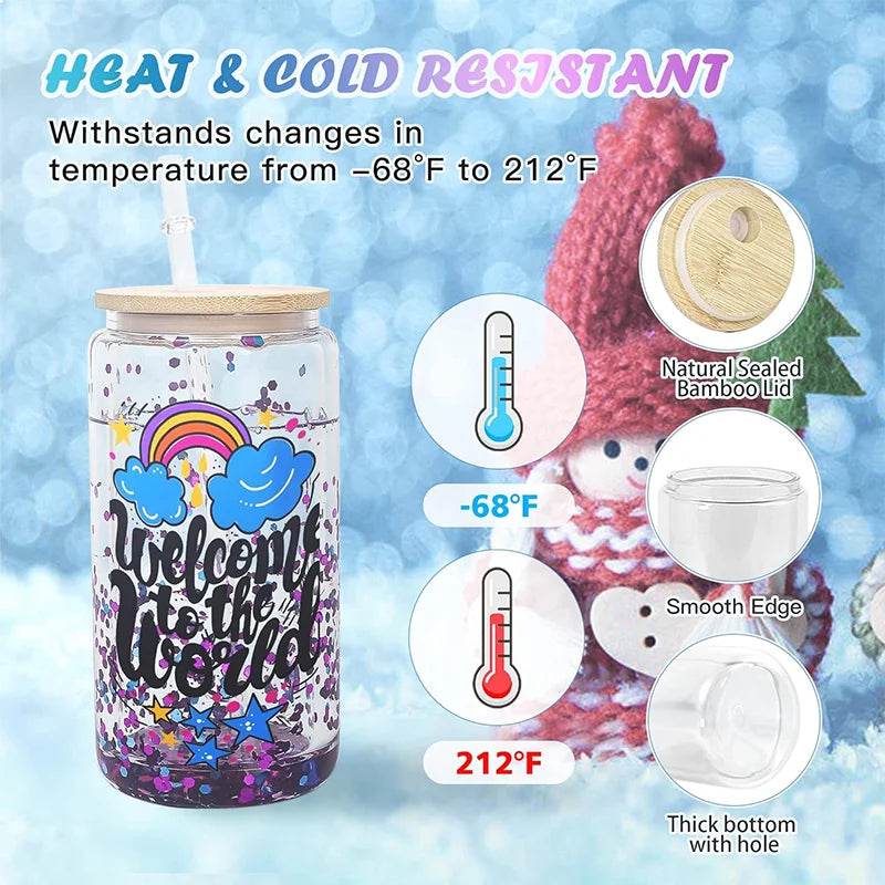 16oz Sublimation Snowglobe glassware Cup Snow Globe Water Tumbler clear Iced Coffee Mug Double Wall Beer Can Glass With Lid