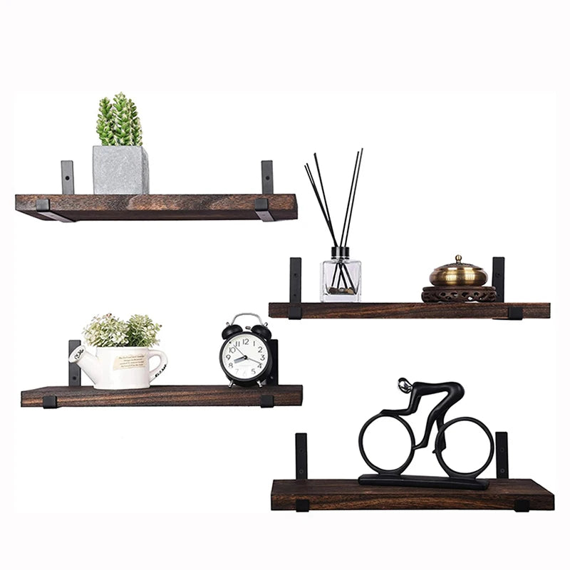 Country Style 4-Piece Set of Wooden Floating Shelf Wall Decoration Frames for Bathroom Kitchen Bedroom Living Room