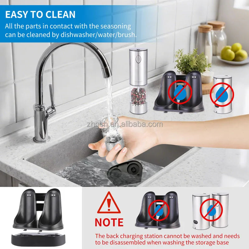LED Light Charging Base Electric Salt and Pepper Mills Adjustable Coarseness with Variable Grinding Speed