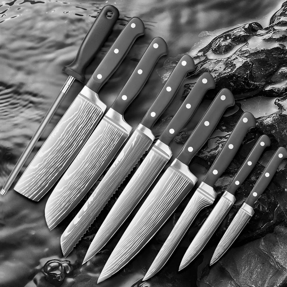 9-Piece Kitchen Knife Set Premium Stainless Steel Tool Includes Sharpening Steel Santoku Bread Utility Boning Slicer Knife