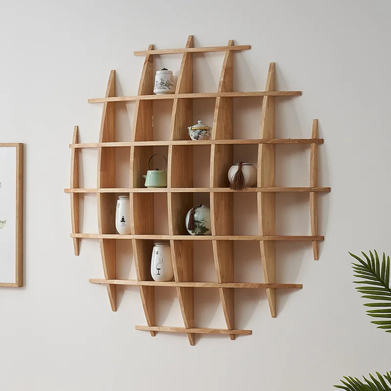 Custom Round Wall Mounted Curio Shelf - Chinese Style Solid Rubber Wood Display Rack for Tea Set/Living Room Decor