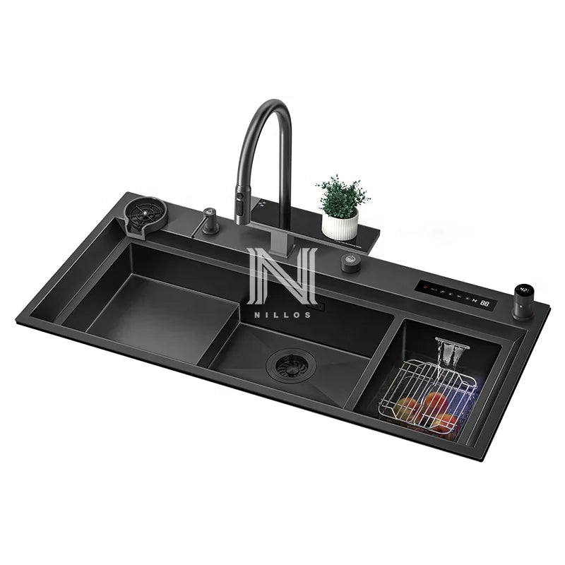 TD Digital Disinfection 3in1 Smart Kitchen Sink - Big Size Stepped Design for Fruit/Vegetable/Seafood, Black Nano,Luxury Kitchen