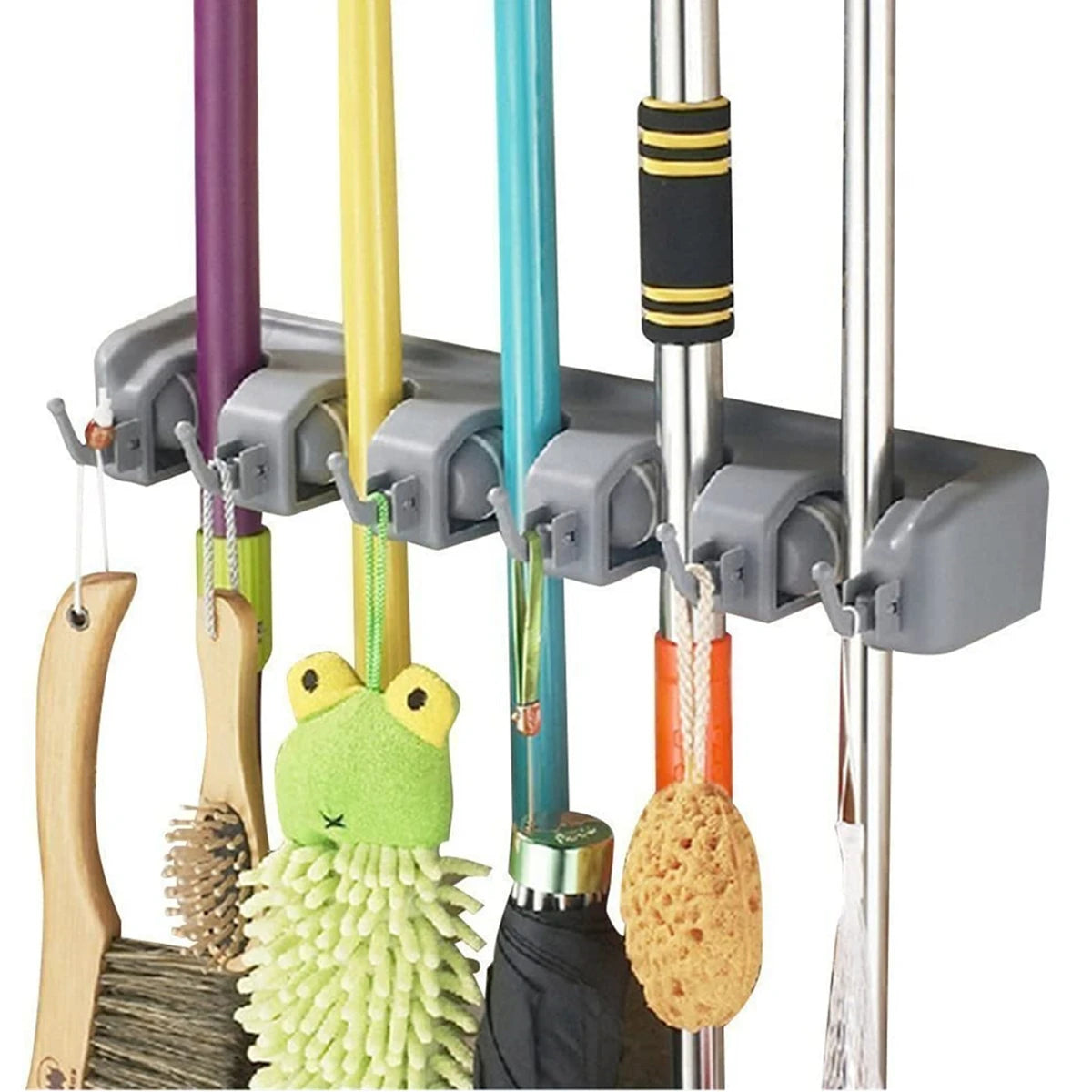 5 Position Wall Mounted Tool Organizer 6 Hooks Broom Mop Holder Tidy Organizer for Kitchen Living Room Garage & Bathroom