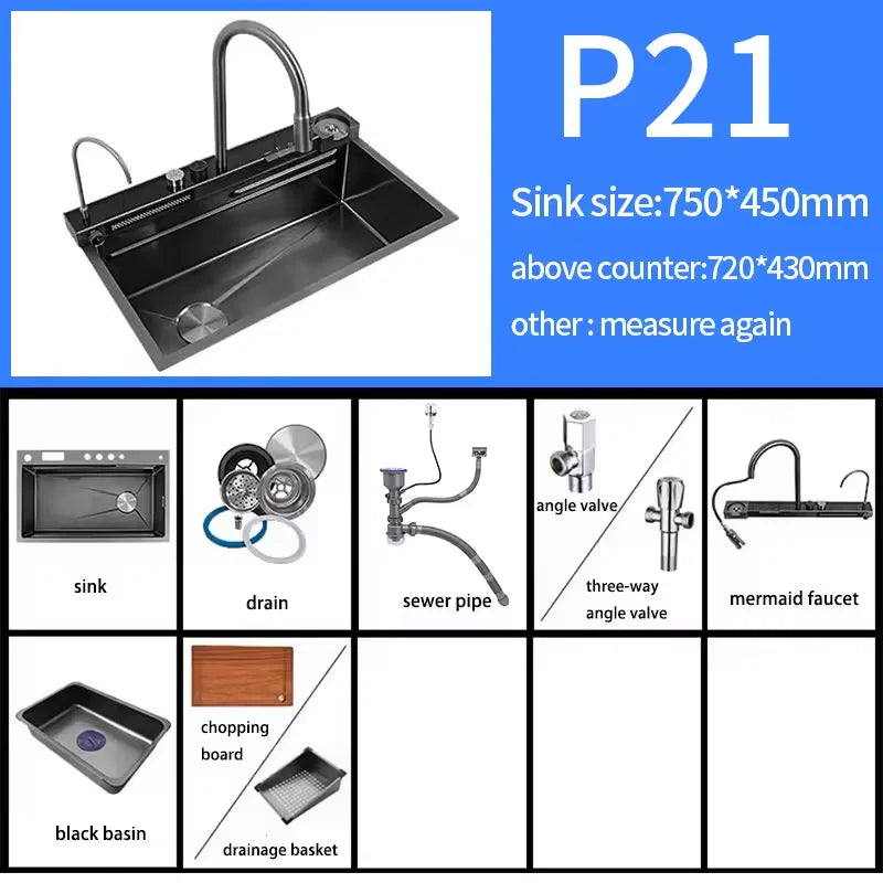 Hot Selling Sink Single Bowl Stainless Steel Handmade Kitchen With Waterfall Faucet Base Multifunctional Sink