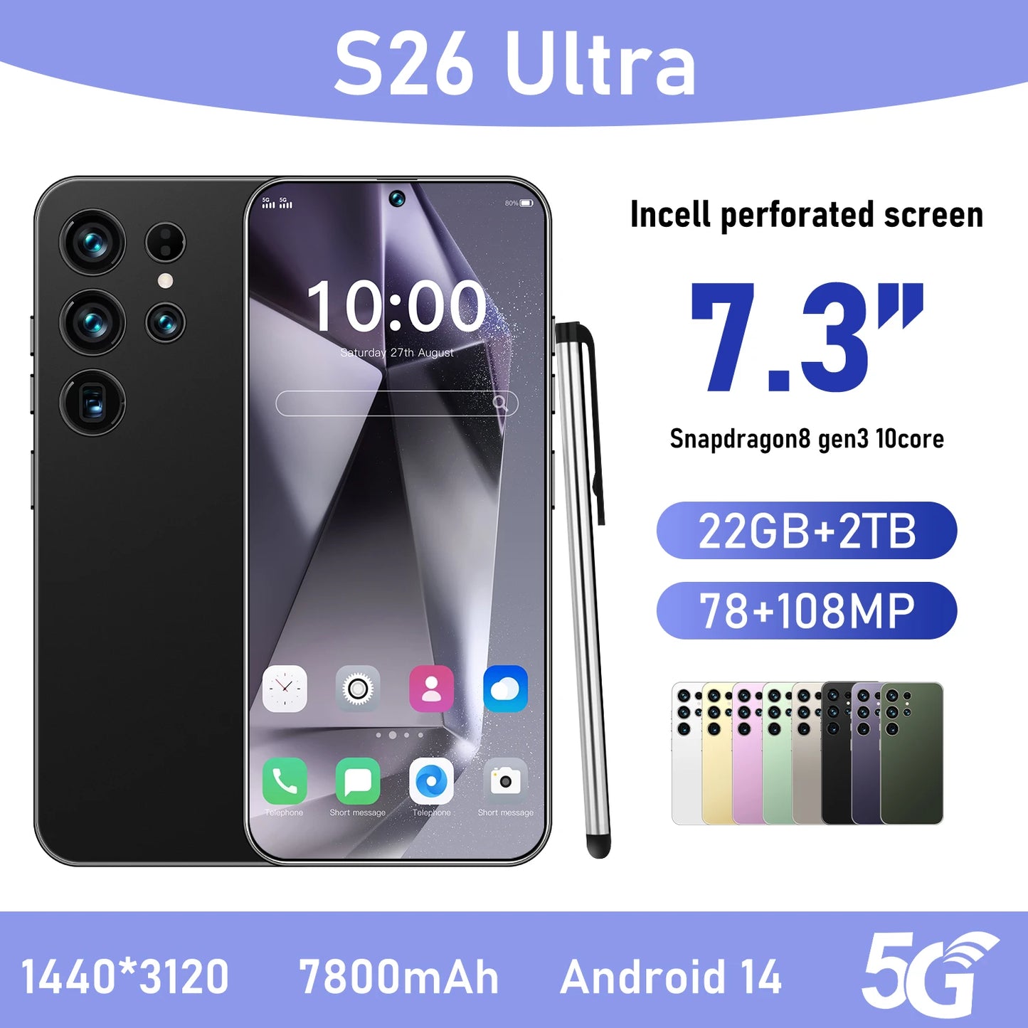 2025 New Original S26 Ultra Smartphones 22GB+2TB 5G Dual SIM Mobile Phone HD Face Unlock Android 14 5G Phone