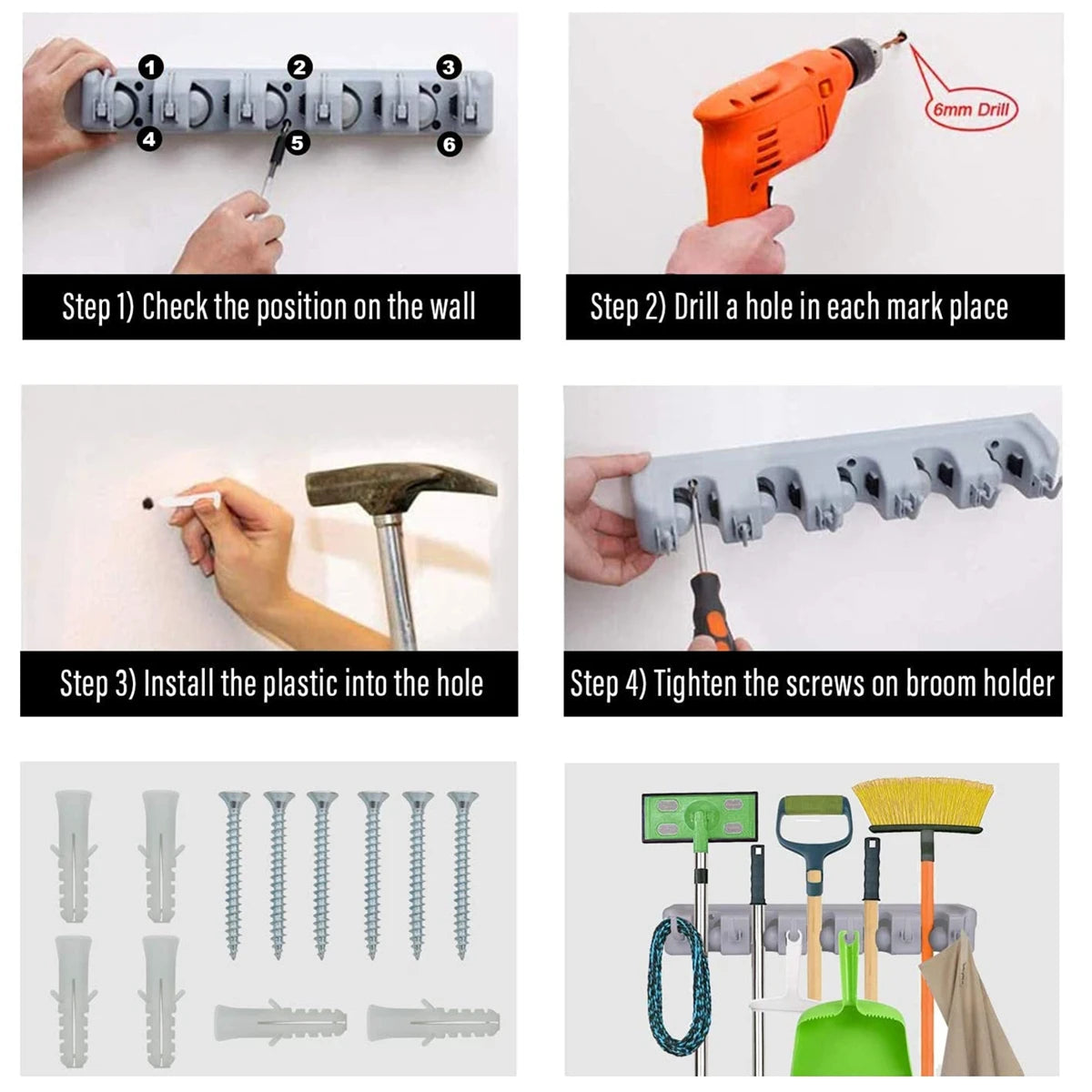 5 Position Wall Mounted Tool Organizer 6 Hooks Broom Mop Holder Tidy Organizer for Kitchen Living Room Garage & Bathroom