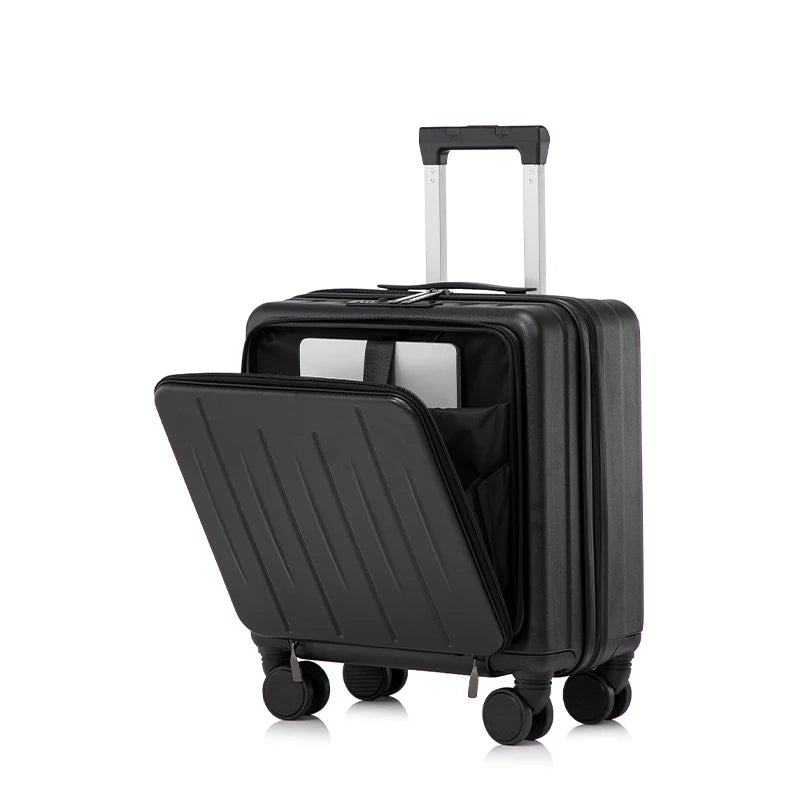 New Designer 18-inch Front Opening Boarding Case Black Aluminum Rod Carry-on Luggage Mini Clearance Price