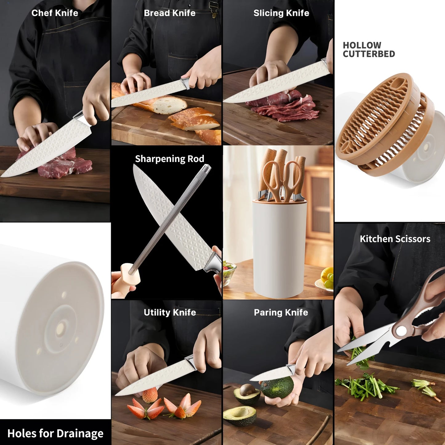 Yangjiang 7 Pcs Kitchen Knives Set Holder Chef Santoku Nakiri Bread Boning Utility Fruit Slicer Knife Set