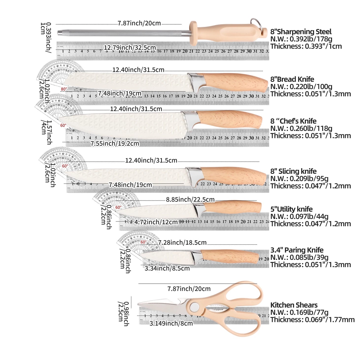 Yangjiang 7-Piece Kitchen Knife Set Plastic Holder Chef Santoku Nakiri Bread Boning Utility Fruit Slicer Knives