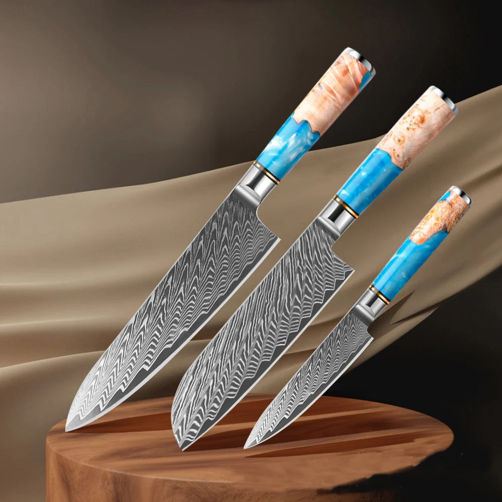 Blue Resin Wood Handle Damascus Kitchen Knife Set Vegetables Slicer Chef Nakiri Knives