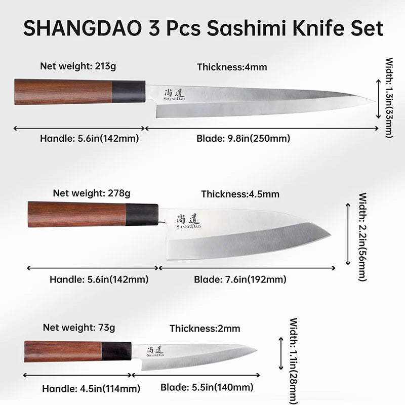SHANGDAO 3PCS Japanese Kitchen Knife Set Chef Stainless Steel Filleting Set Sashimi Salmon Fish Yanagiba Sushi Meat Knife