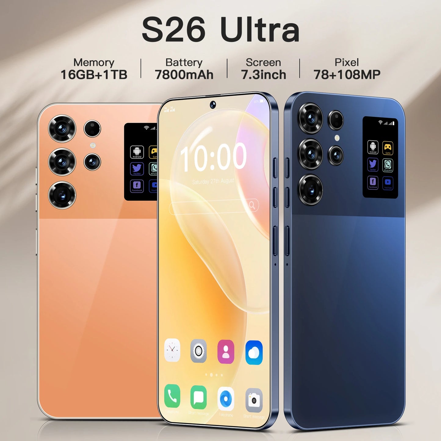 2025 New S26 Ultra Android 14 5G Smartphone 16+1TB 4G 5G 7.3inch HD Screen 72+108MP Dual Card Cell Mobile Phone