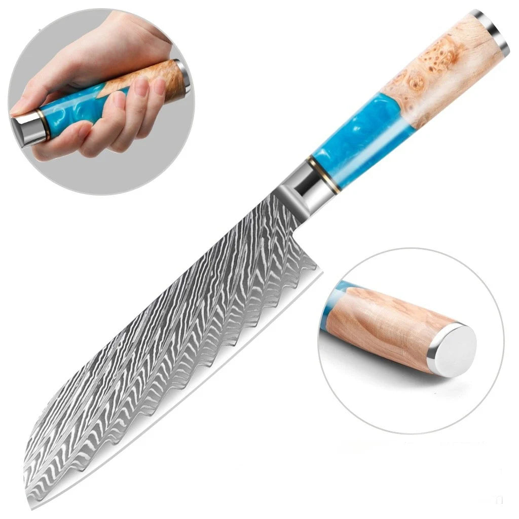 Blue Resin Wood Handle Damascus Kitchen Knife Set Vegetables Slicer Chef Nakiri Knives