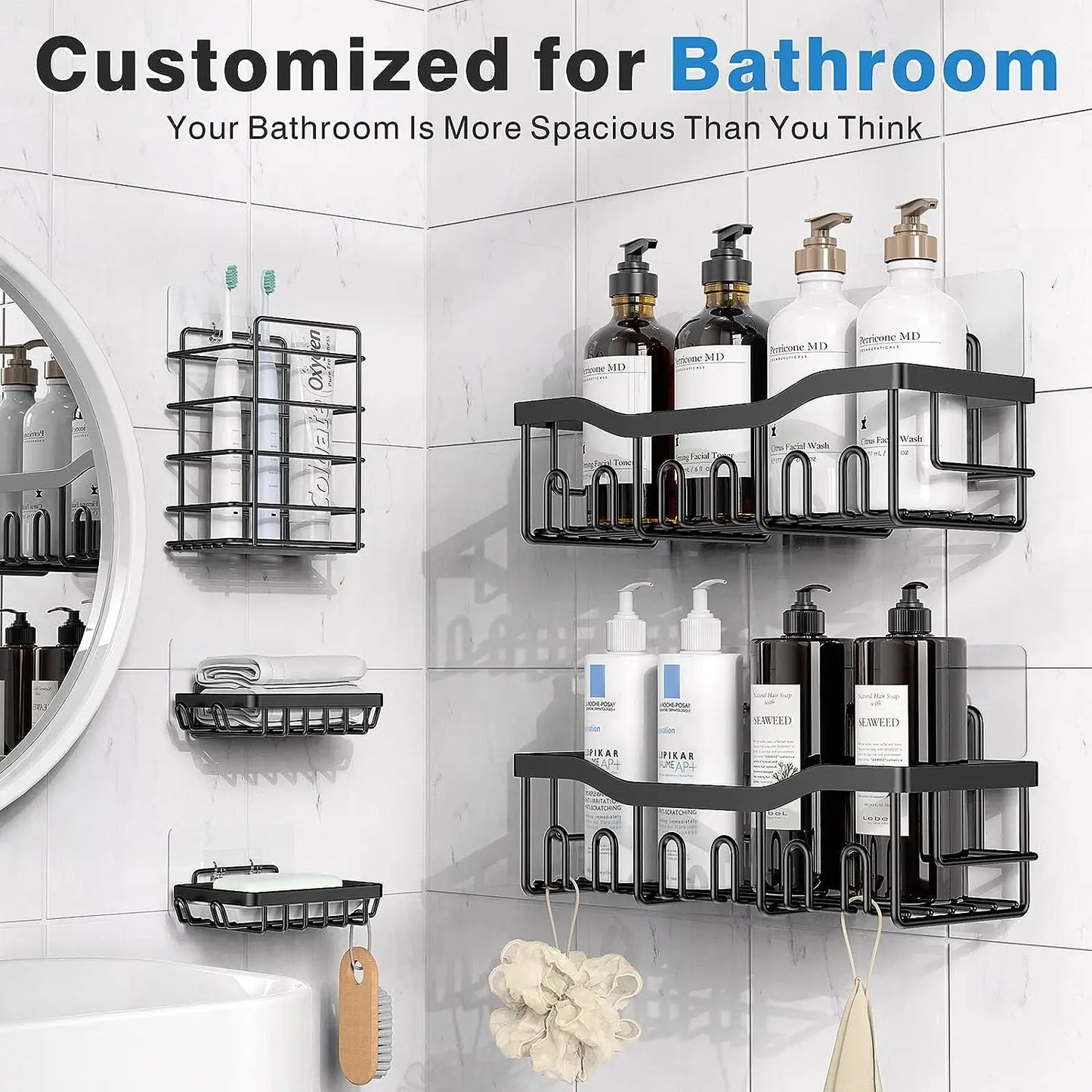 Metal Adhesive Shower Organizer Shelves for Bathroom&Kitchen,No Drilling Large Capacity Rustproof Bathroom Organizer