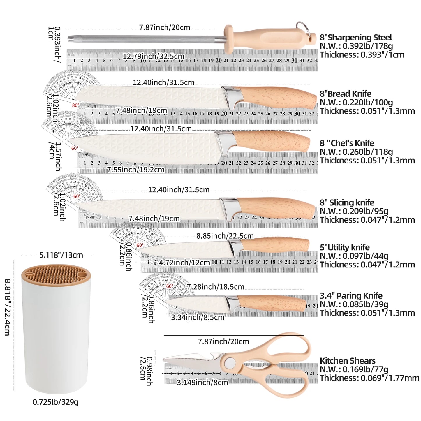 Yangjiang 7 Pcs Kitchen Knives Set Holder Chef Santoku Nakiri Bread Boning Utility Fruit Slicer Knife Set