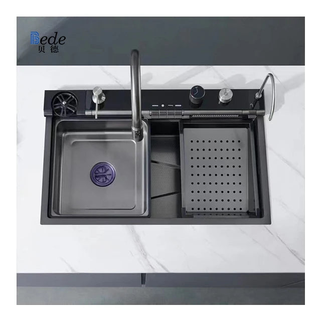 Single Modern Stainless Steel 304 LED Digital Waterfall Kitchen Sink New Design Popular Black Smart Multifunctional Handmade One