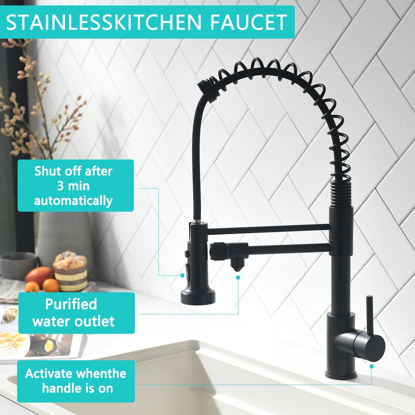 3 Way Spring Kitchen Faucet with Purified Water Filter Hot and Cold Water Black Kitchen Sink Mixer Tap Faucet Pull Down Sprayer