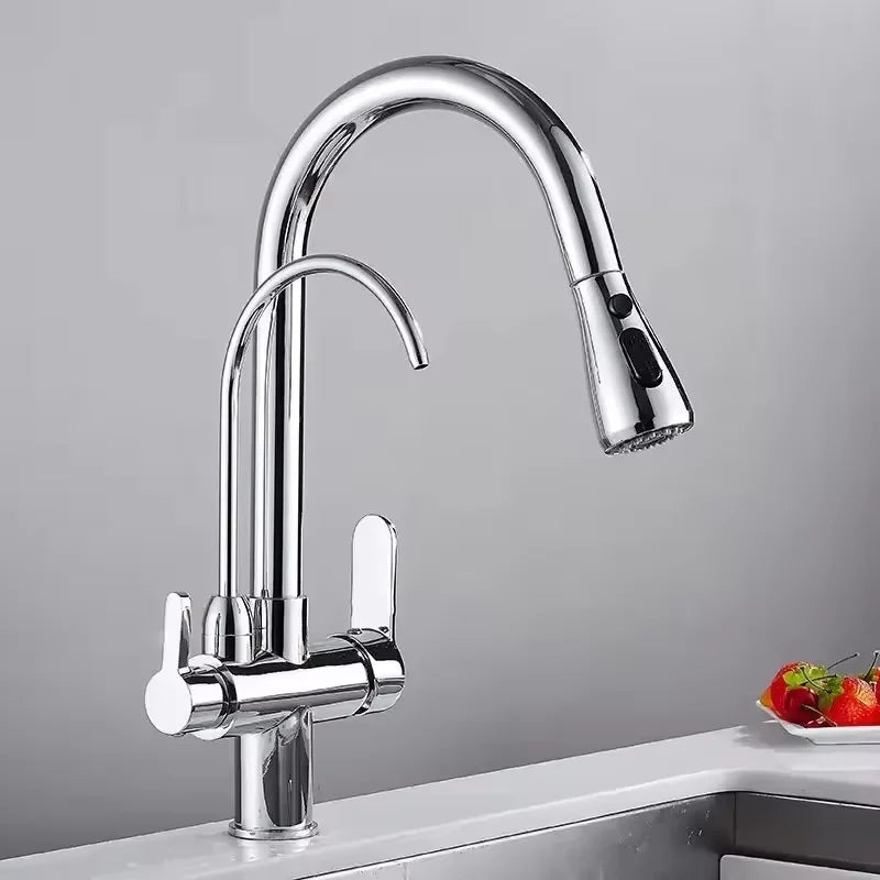 Modern Design Three-Way Mixer Kitchen Faucet with Pull Out Sprayer Water Purification Sink Faucet Featuring Brass Ceramic Filter