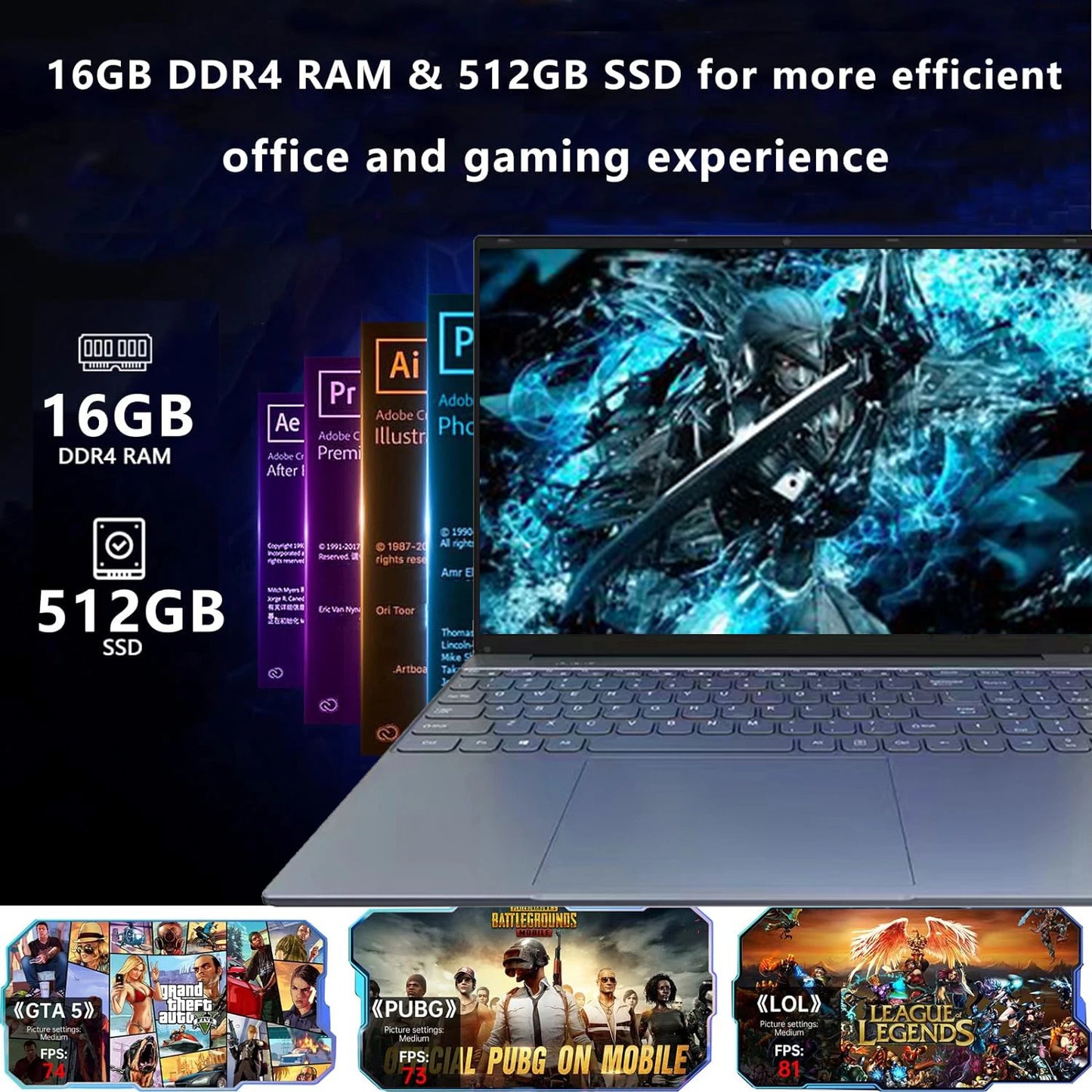 15.6 Inch Laptop Supplier Fingerprint 2K 1920*1200 Resolution 8GB RAM 256GB M.2 SSD Ordinateurteur Portable Laptop I7 Core