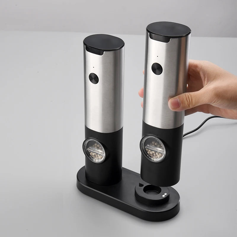 2022 New 2pcs Adjustable Coarseness Rechargeable Stainless Steel Gravity Electric Salt and Pepper Grinder Set with LED Light