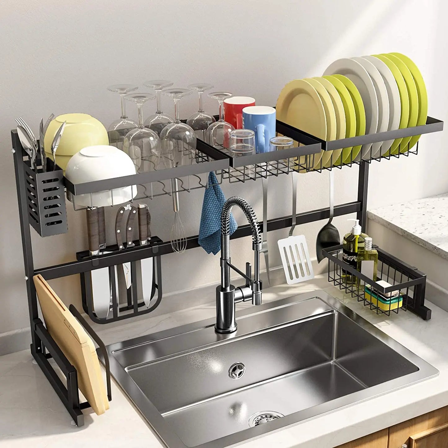Dish Drainer Kitchen Organizer Expandable Drying Rack Over Sink Multi Functional Kitchen Shelf Space Saving Home Organizer