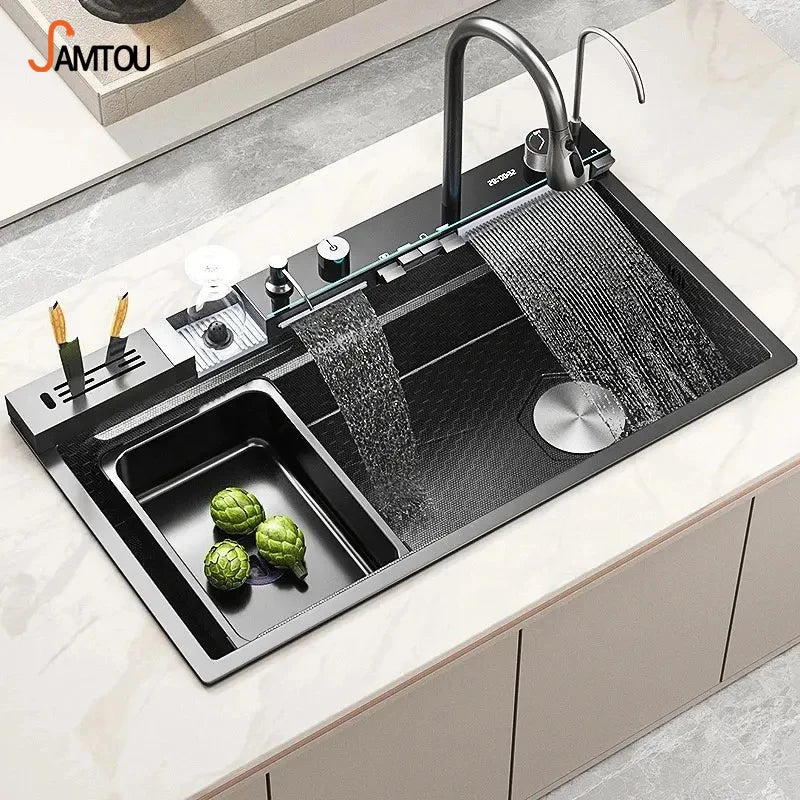 Modern New Smart Black Stainless-steel Kitchen Sink Multifunctional Large Single Sink with Waterfall Faucet for Hotel Kitchen