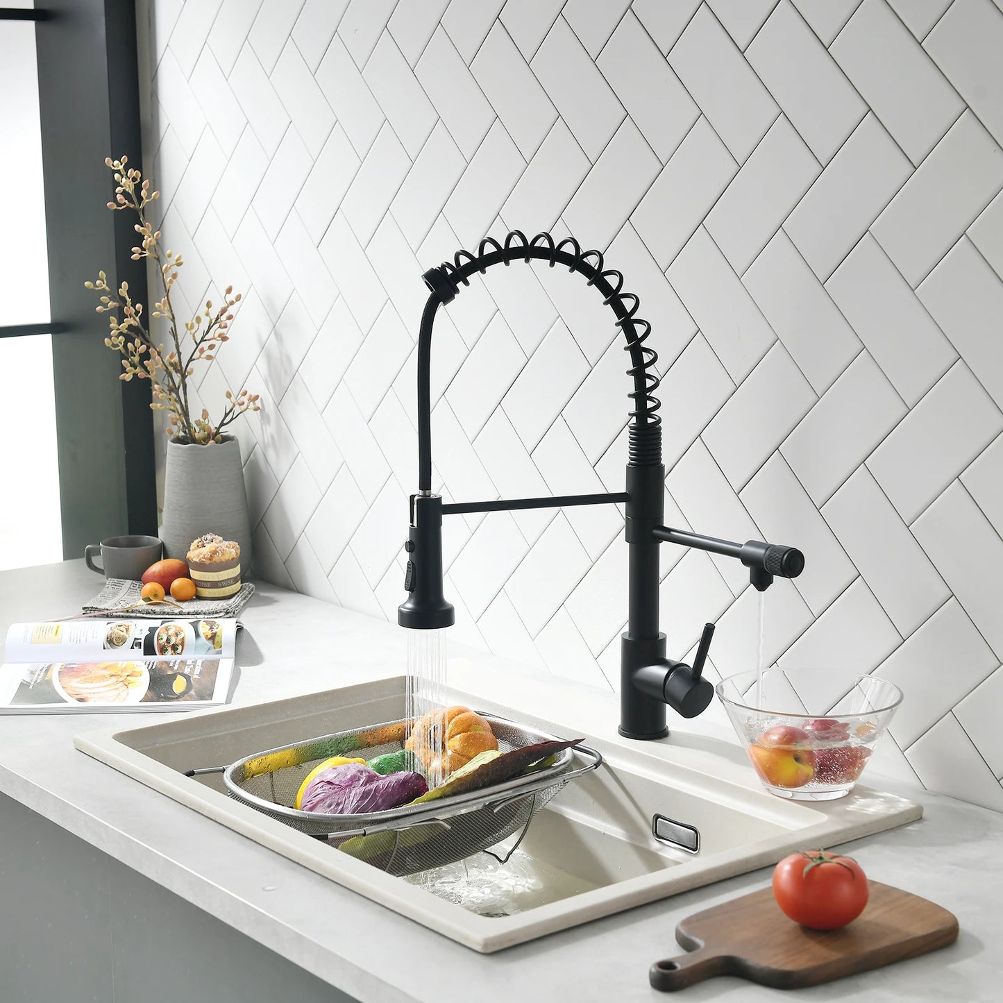 3 Way Spring Kitchen Faucet with Purified Water Filter Hot and Cold Water Black Kitchen Sink Mixer Tap Faucet Pull Down Sprayer