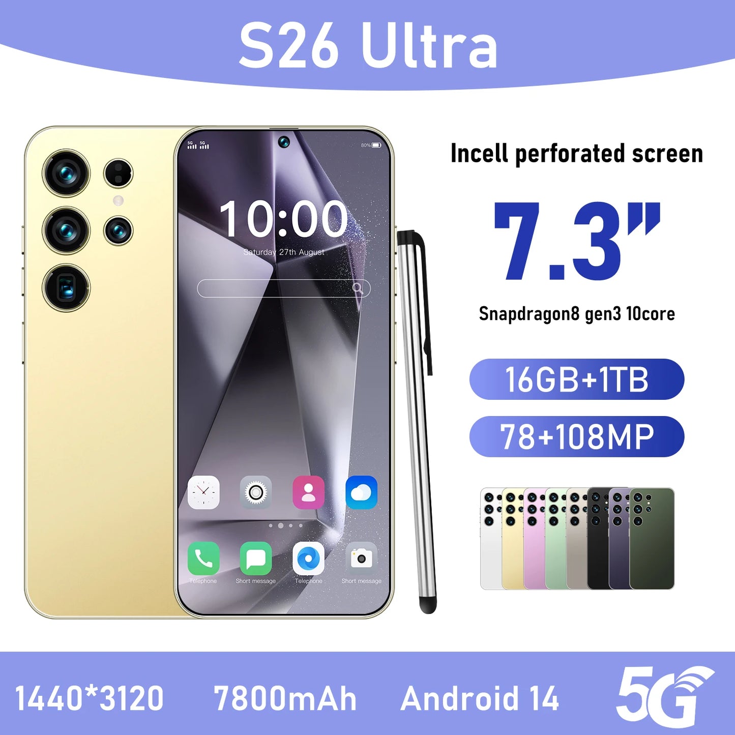Hot S26 Ultra 5G Smartphone - Snapdragon8gen3 16GB+1TB 7800mAh Face + Fingerprint