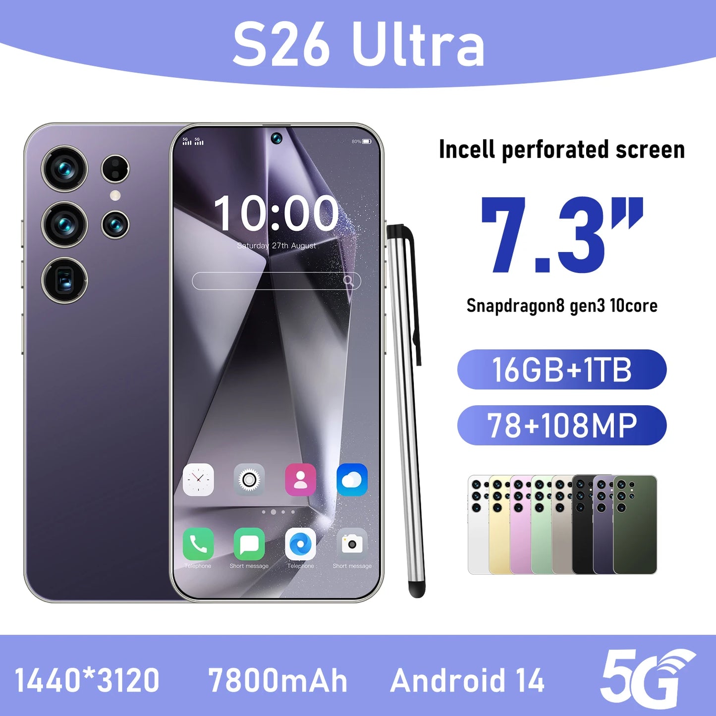 Hot S26 Ultra 5G Smartphone - Snapdragon8gen3 16GB+1TB 7800mAh Face + Fingerprint