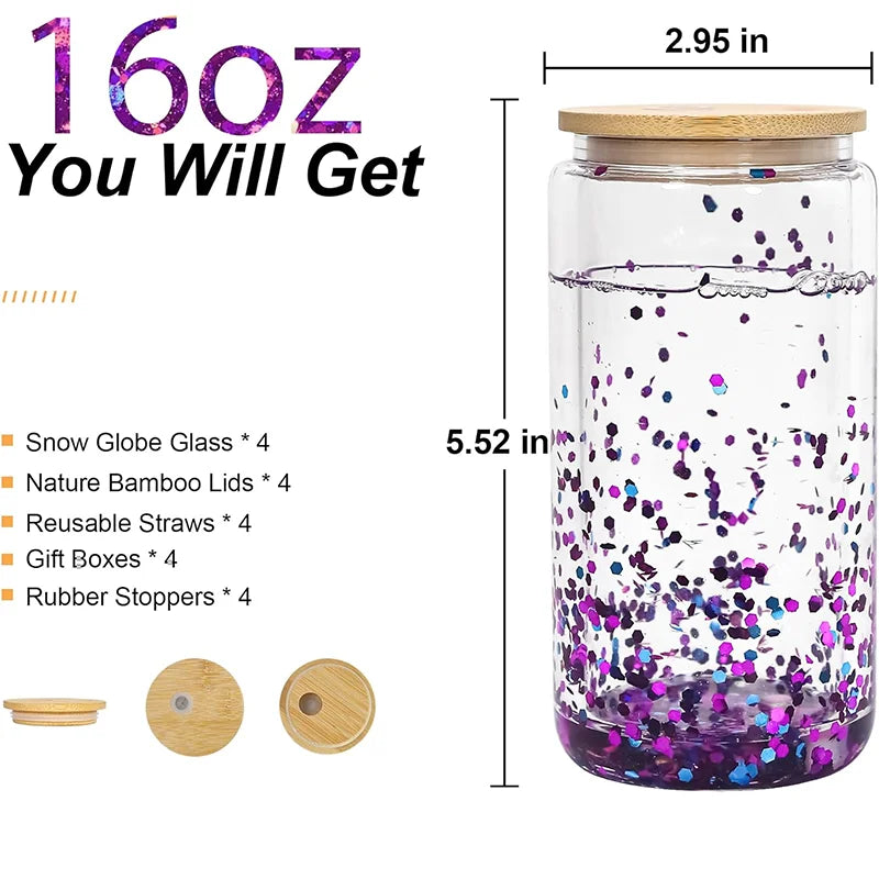 16oz Sublimation Snowglobe glassware Cup Snow Globe Water Tumbler clear Iced Coffee Mug Double Wall Beer Can Glass With Lid