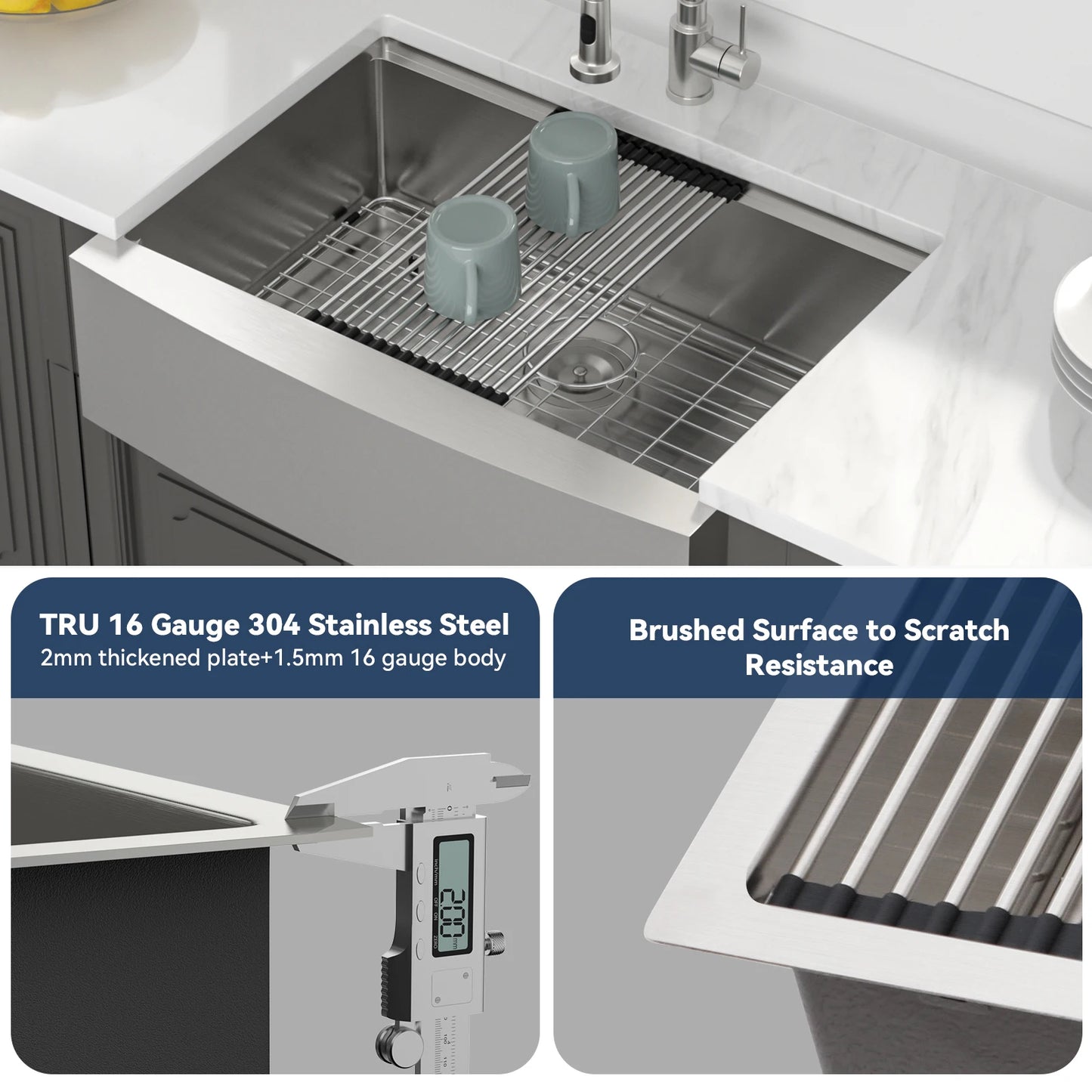 16 Gauge 33-Inch  Brushed Stainless Steel Apron-Front Farmhouse Kitchen Sink with Workstation for Kitchens