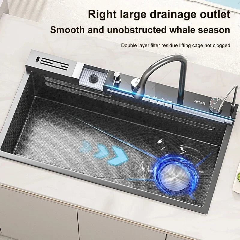 Modern New Smart Black Stainless-steel Kitchen Sink Multifunctional Large Single Sink with Waterfall Faucet for Hotel Kitchen
