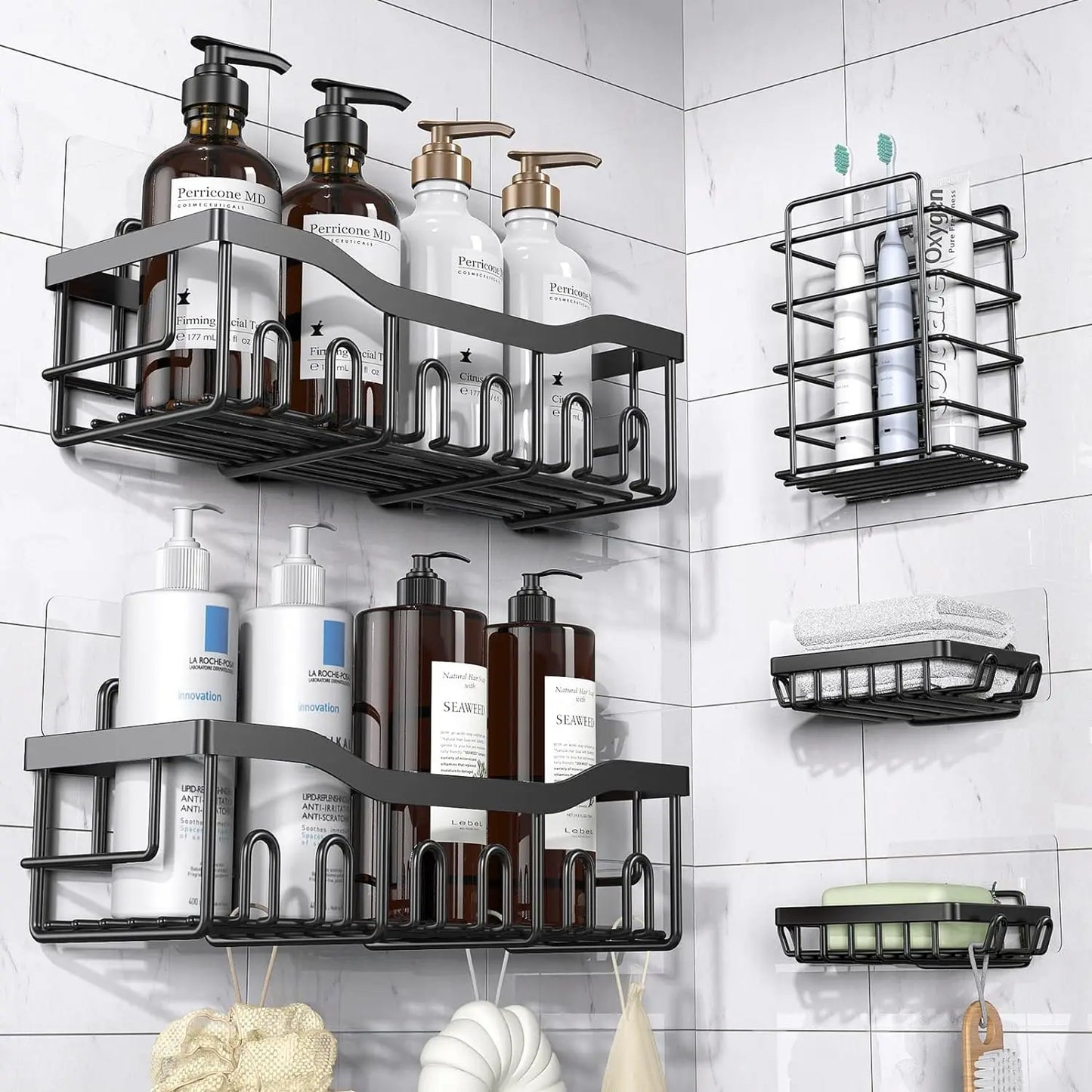Metal Adhesive Shower Organizer Shelves for Bathroom&Kitchen,No Drilling Large Capacity Rustproof Bathroom Organizer