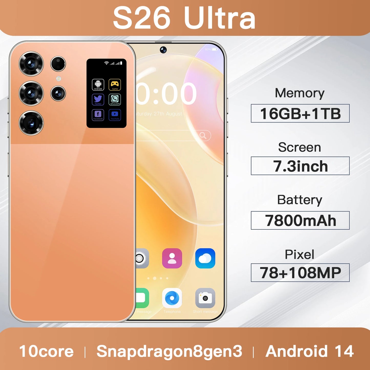 Original S26 Ultra 7.3 Inch 16GB+1TB 5G Smartphone 72+108MP HD Camera Dual Card 5G Android 14.0 100W Unlocked Cellphone Spanish