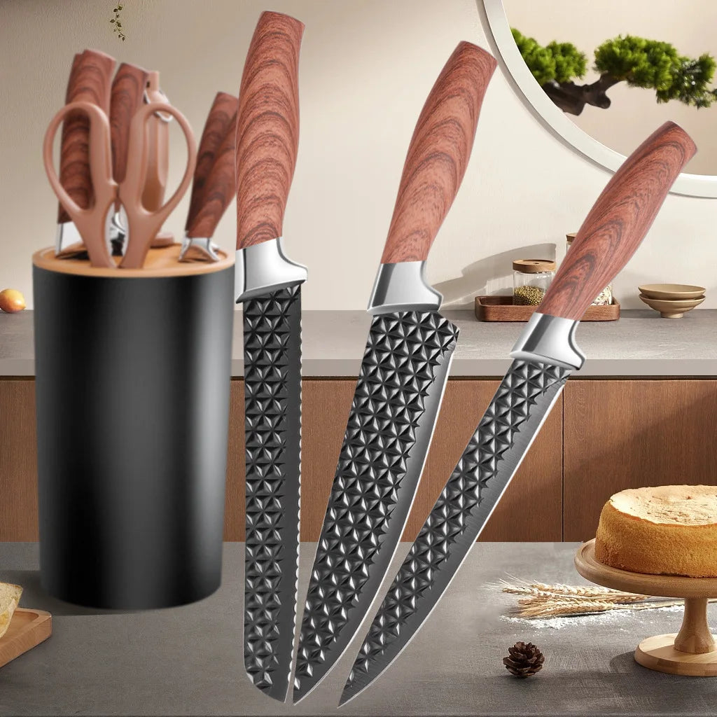 Yangjiang 7-Piece Kitchen Knife Set Plastic Holder Chef Santoku Nakiri Bread Boning Utility Fruit Slicer Knives